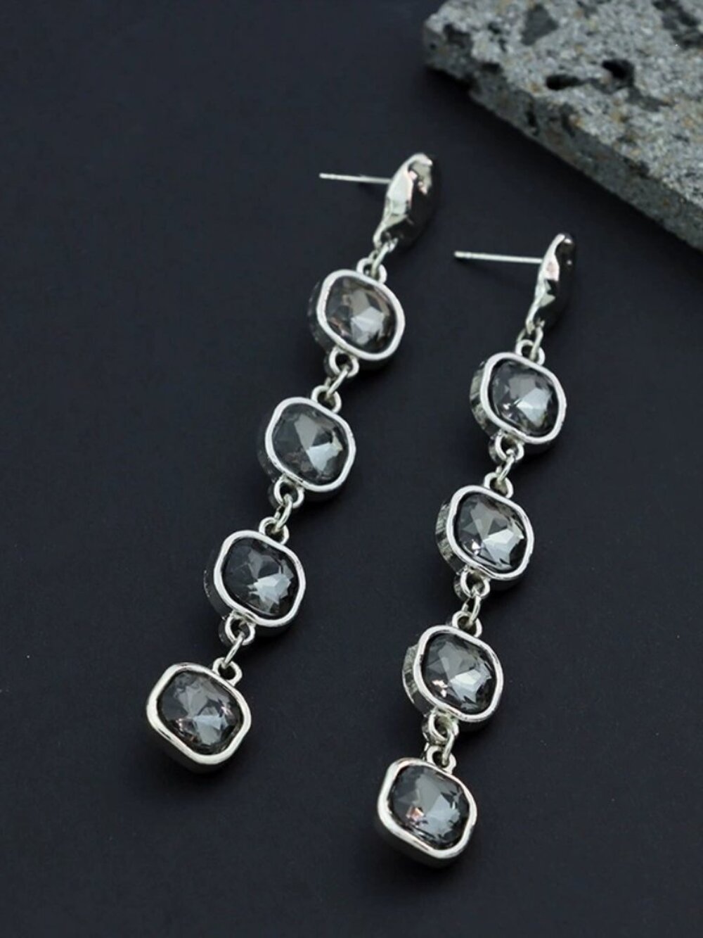 Vintage Silver-Tone Smoky Gray Crystal Linear Drop Earrings